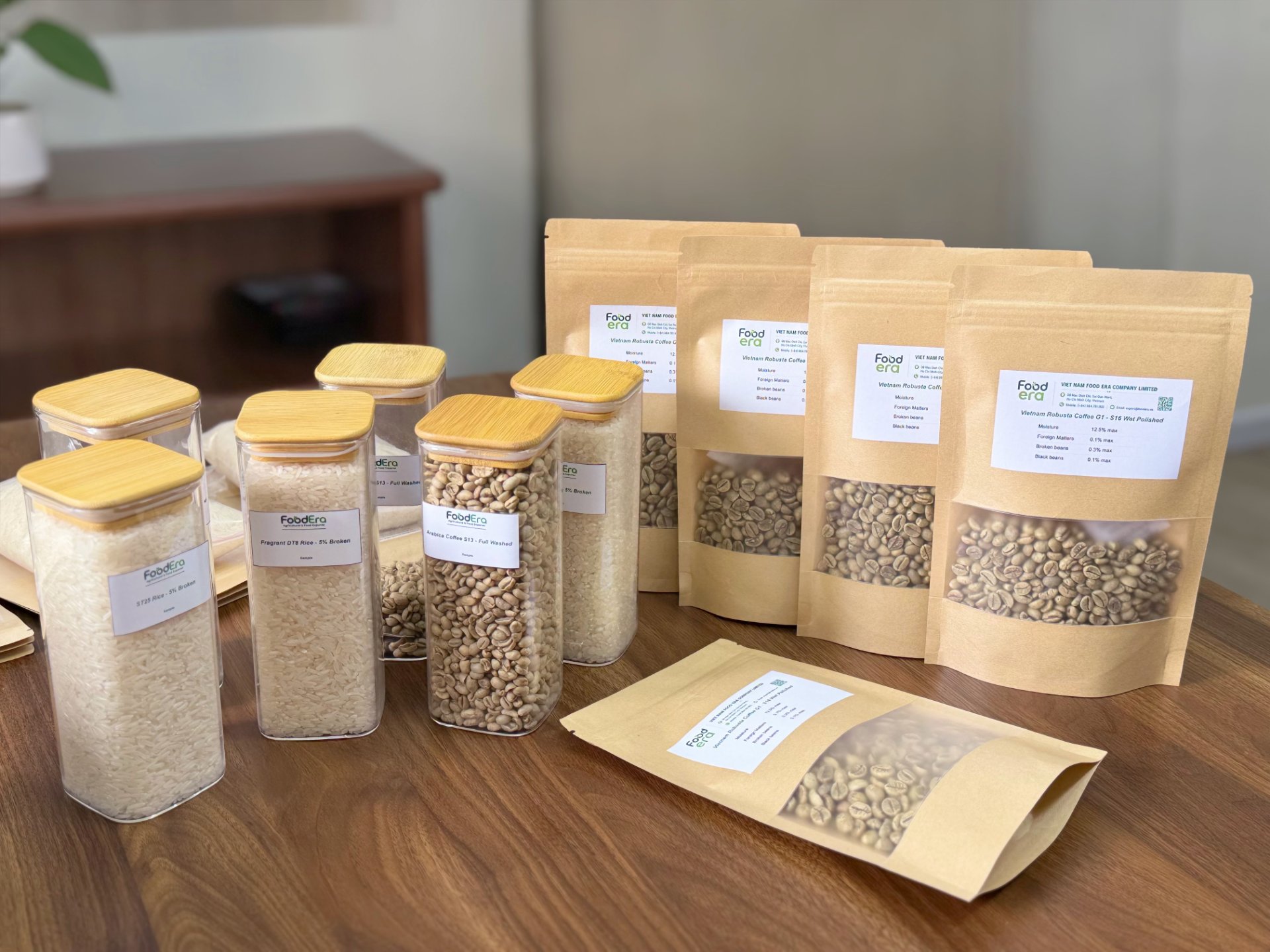 A closer look at FoodEra’s rice and green coffee samples for buyer review and sourcing discussions.