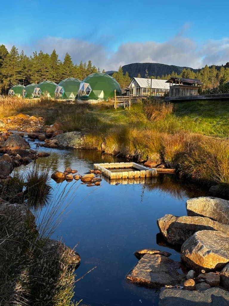Våre 5 luksuriøse domer ligger vakkert til med utsikt til vår sildrende Å. I bakgrunnen ser dere fjelltoppene i Setesdals Vesthei og drivhuset vårt på de plantene som dyrkes innvendig.