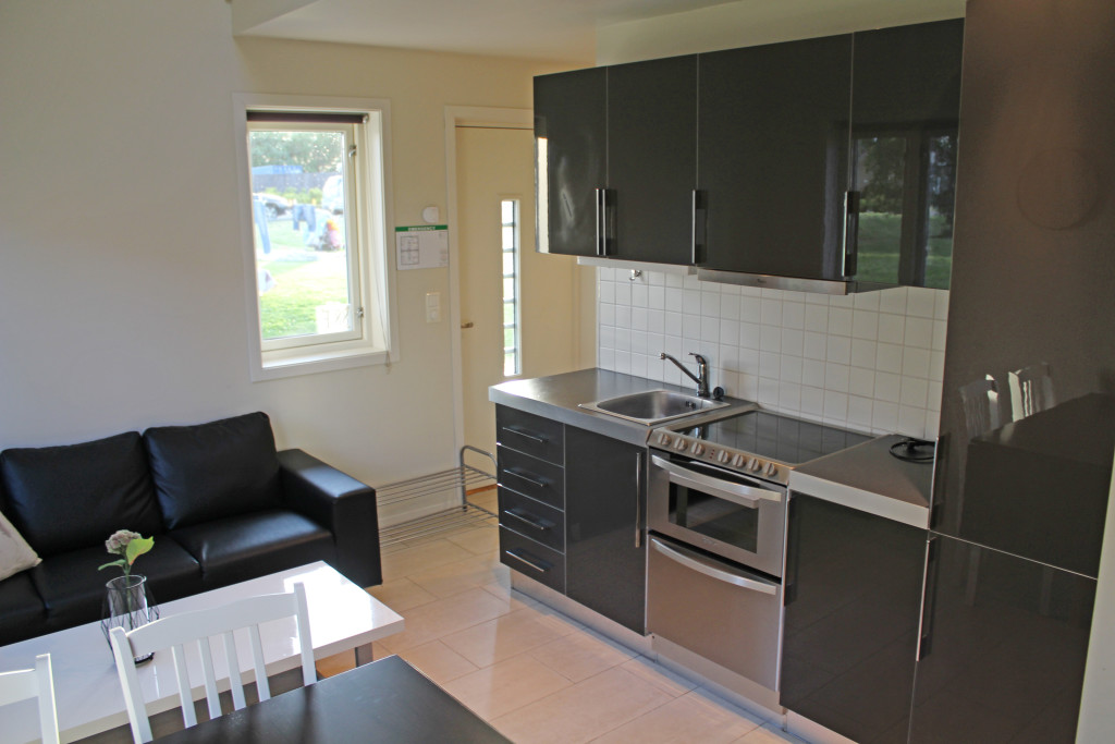 Hyttene er fullt innredet og utstyrt. Stue og kjøkken, bad, soverom og en hems med to senger.
