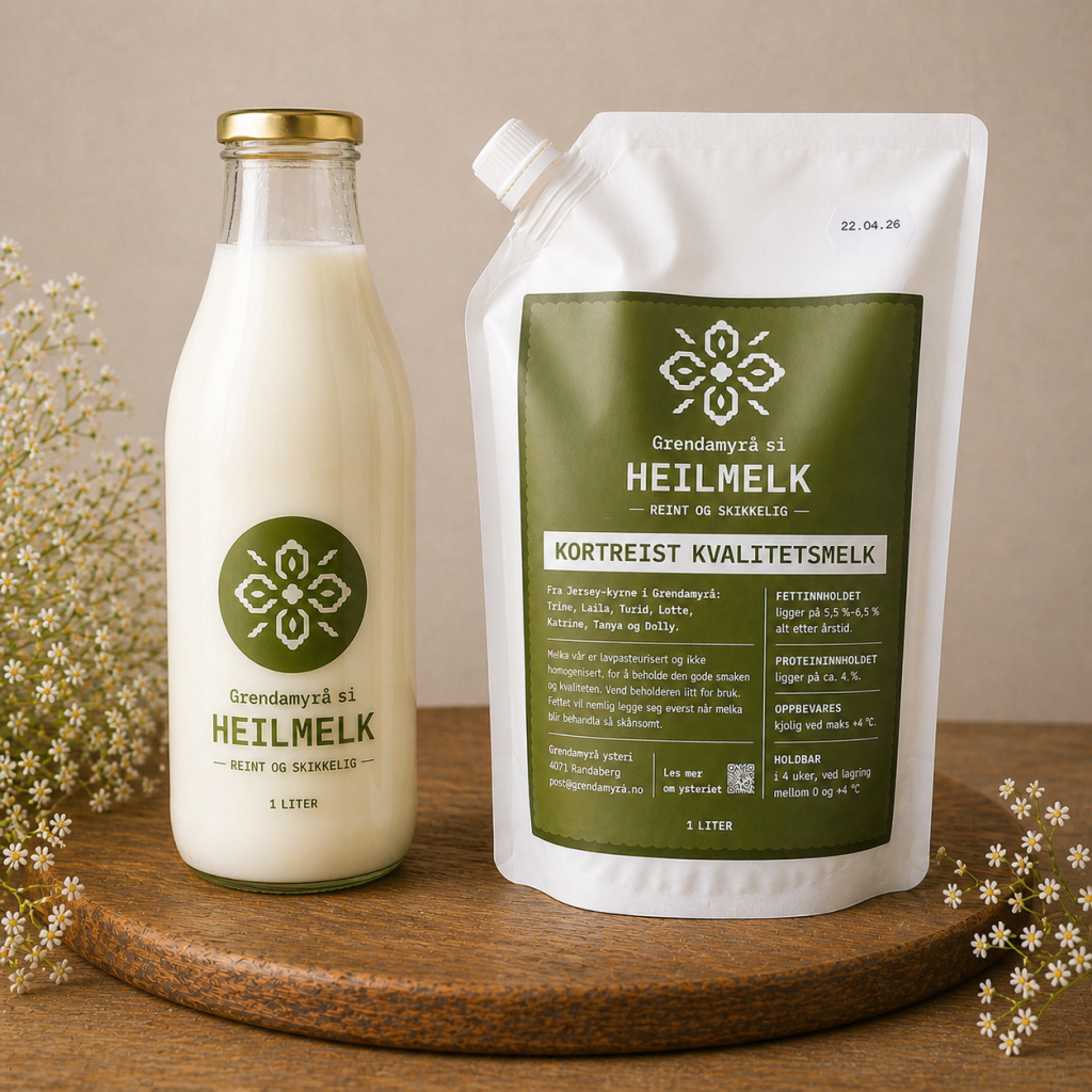 Lavpasteurisert og ikke homogenisert heilmelk selges på pose eller glassflaske