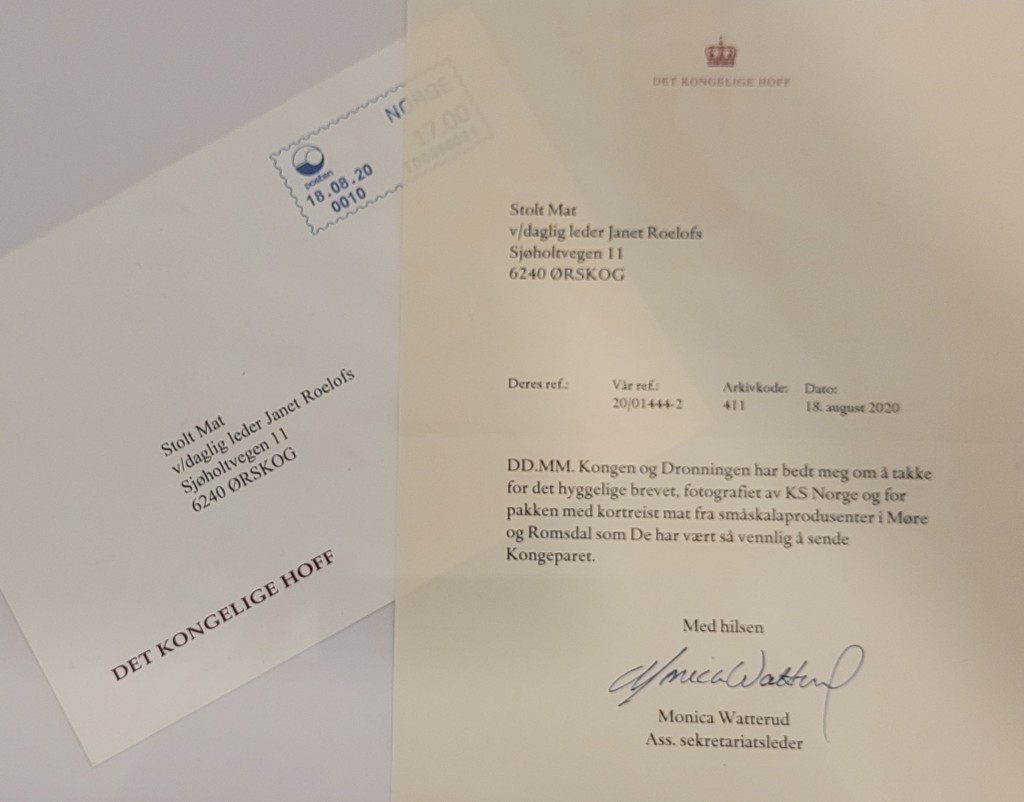 Takkebrev til Stolt Mat fra Det Kongelige Hoff