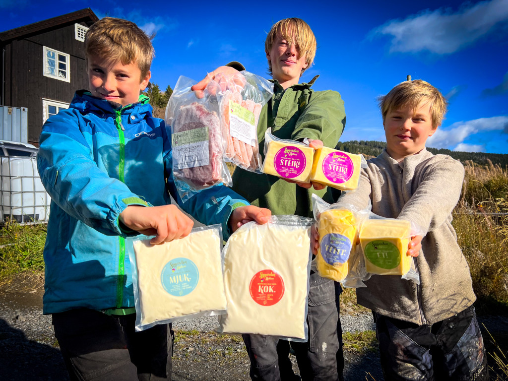 Av den høykvalitative mjølka vår lagar vi mange forskjellige meieriprodukta i ysteriet vårt: smør, rømme, steike- og grillost, salatost, smørbar ferskost, ricotta, kvarg og innen kort og fleire typar av kvitost. Me har og ofte pølser, burger og kjøtt frå kyra våre.
