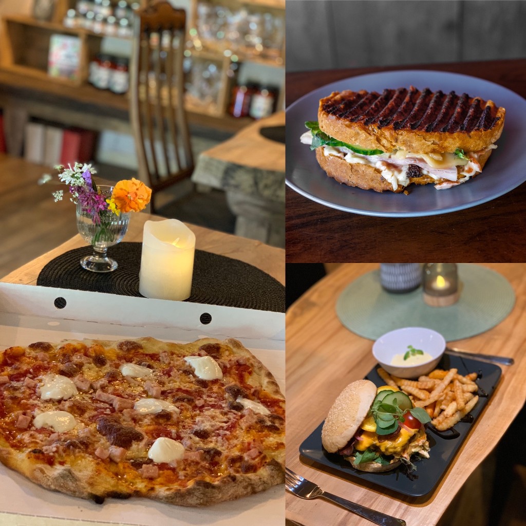 Hjemmelaget mat som passer godt til både lunch og middag! Steinovsnbakt pizza, deilig toast med hjemmelaget brød og gårdsburgertallerken med hjemmelaget coleslaw og aioli :) Hjertelig velkommen!