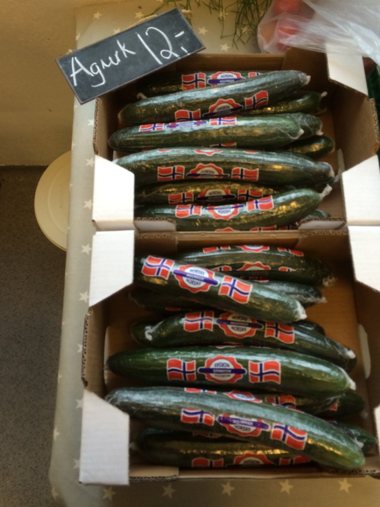Dette er et bilde fra November når det nesten bare var import Agurk. Men i Orre bygda ble det produsert Norsk Agurk :-) PS Nå er prisen Kr: 10,-