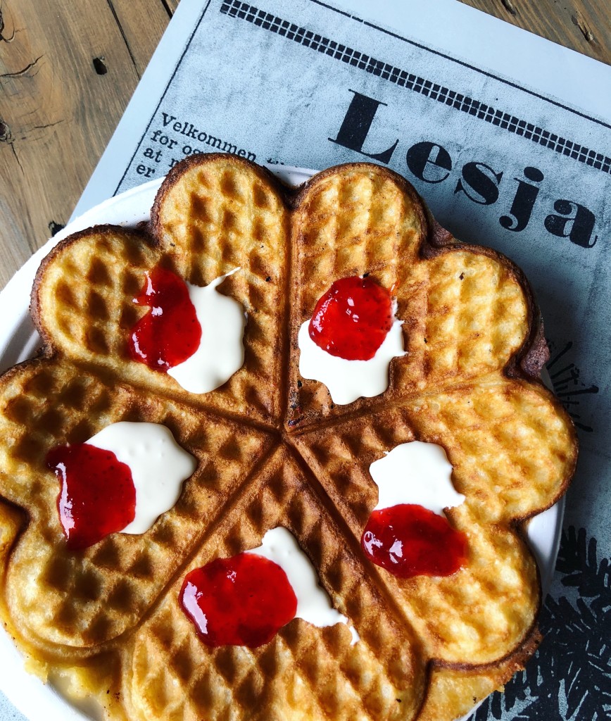 På Avdemsbue serverer vi rømmevaffel med syltetøy og Avdemsrømme - skikkeleg fjellkost!