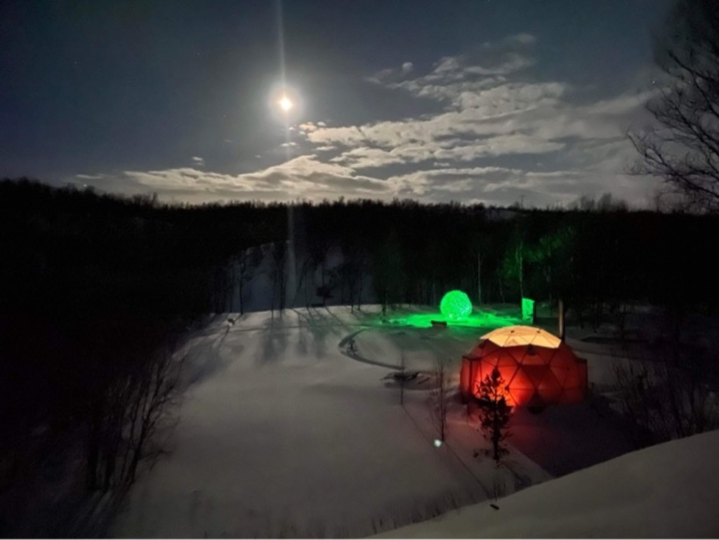 Vår Glamping Dome og skulpturen "The original icon of Wild Caribou"