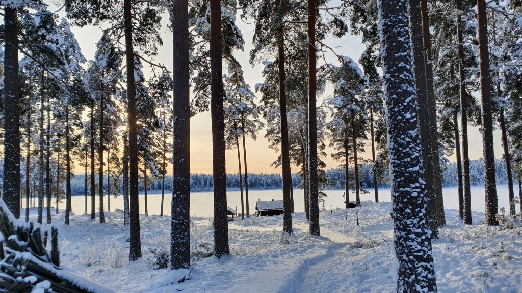 Nydelig vinter dag - utsikt mot Sæerlisjøen. Saunaen og badestampen ligger rett ved vannkanten og vi legger selvfølgelig til rette for isbading!  Winters are magic times - with sauna and hot tub by the lake.