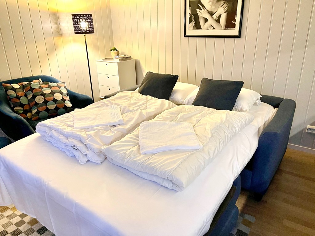 Sovesofa i Mjølkebua  med plass til 2 personer. 3 soveplasser totalt.