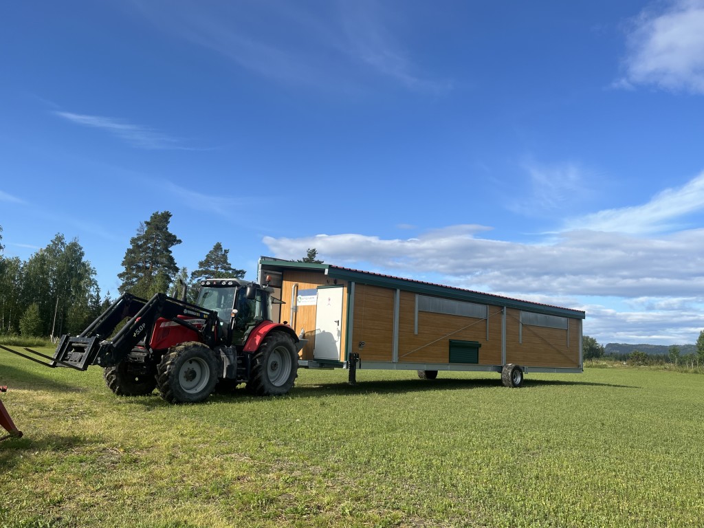 Hønene våre bor i ei mobil hønevogn fra Østerrike som er flyttbar.