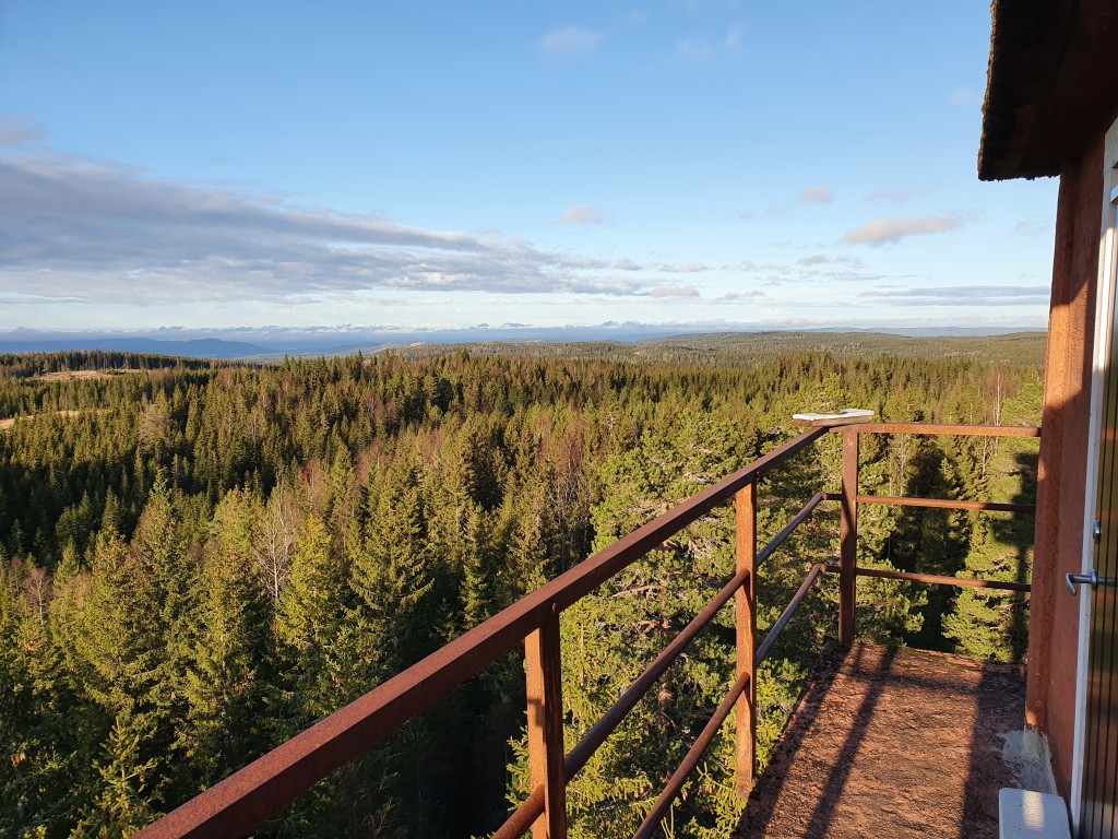 Vi har mange fine turstier i området. Dette er den nydelige utsikten fra Garsjøberget, et brann tårn  like i nærheten. There are a variety of forest trails close by. This picture shows the view from a close by tower.
