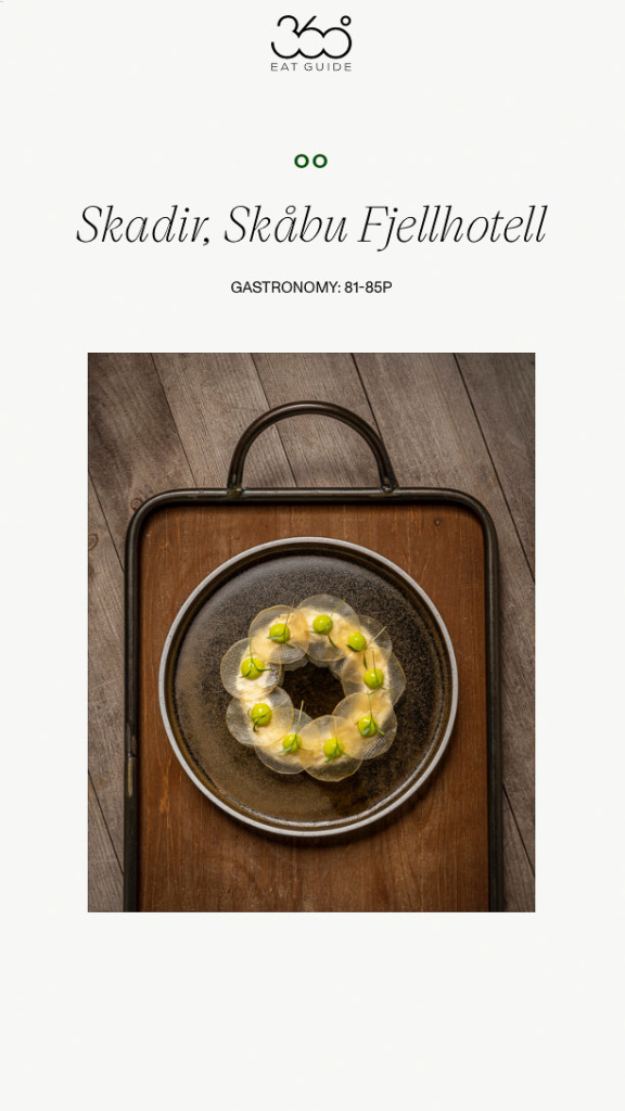 Skåbu fjellhotell og Restaurant Skadir med kjøkkensjef Lukasz Socha har nylig blitt tildelt to sirkeler i 360 Eat guide. Besøk oss for en uforglemmelig matopplevelse!