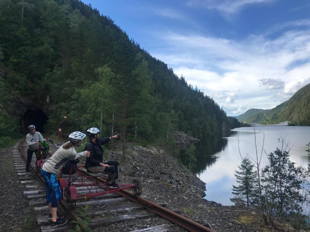 Dresinsykling gjennom kulturlandskapet, fjorder og åssider, langs den fredede Numedalsbanen fra Veggli til Rødberg.