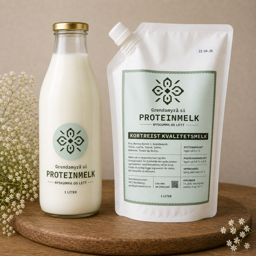Lavpasteurisert og ikke homogenisert proteinmelk (skummamelk) selges på pose eller glassflaske