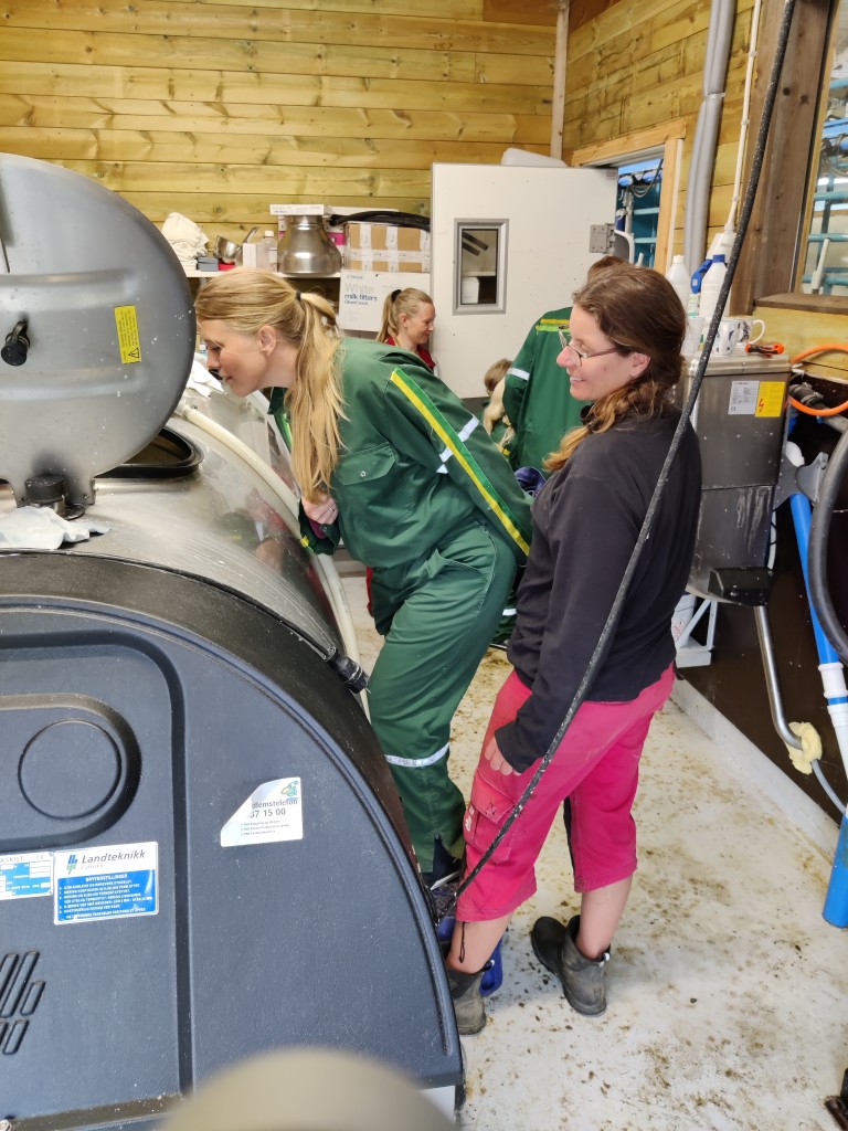 Ragnhild viser frem melketanken under opplevelsen Kunnskap og melking.
