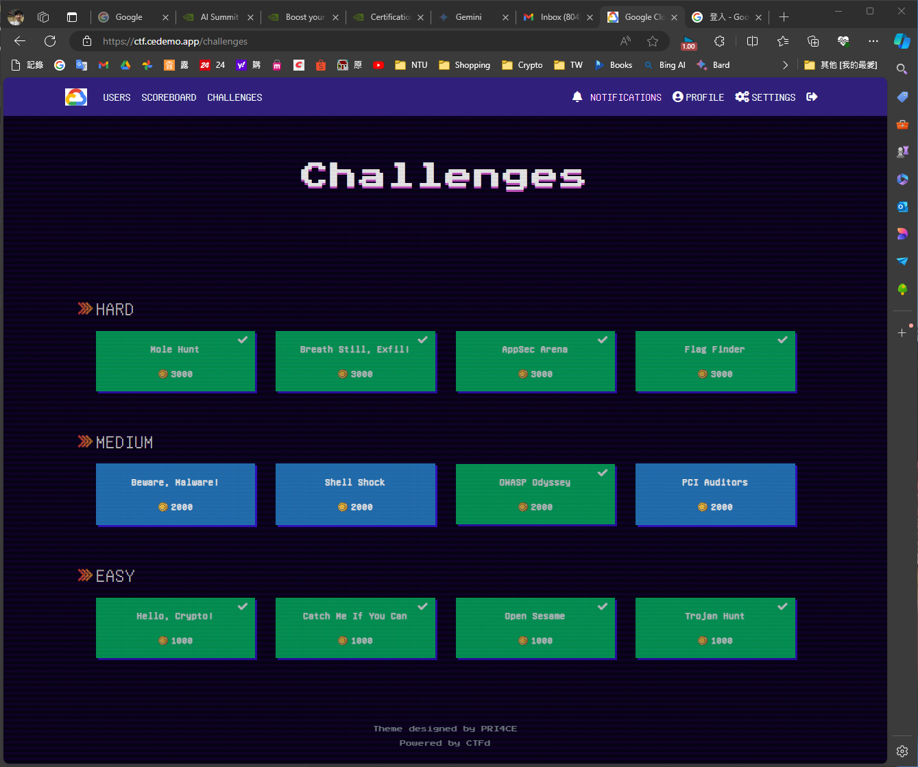 The CTF challenge board, offering a mix of difficulties and scenarios.