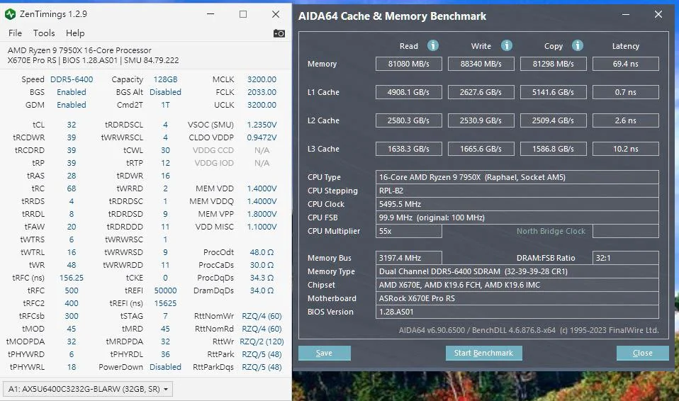 128GB(4x32GB) DDR5-6400 32-39-39-28 UCLK=MEMCLK