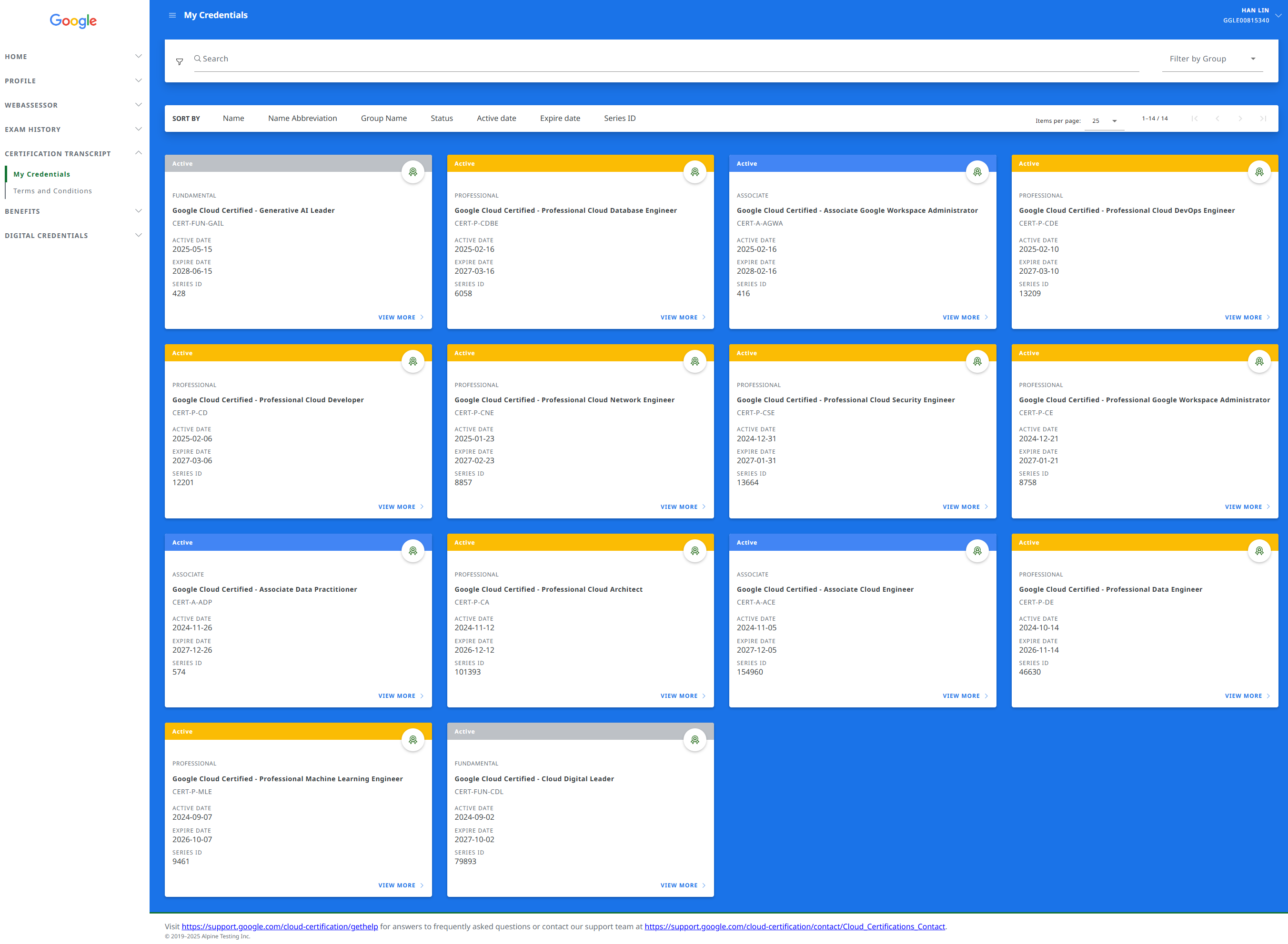 A screenshot of the Google certification portal listing 14 active credentials, showing titles like "Professional Cloud DevOps Engineer" and "Generative AI Leader" with their active dates.
