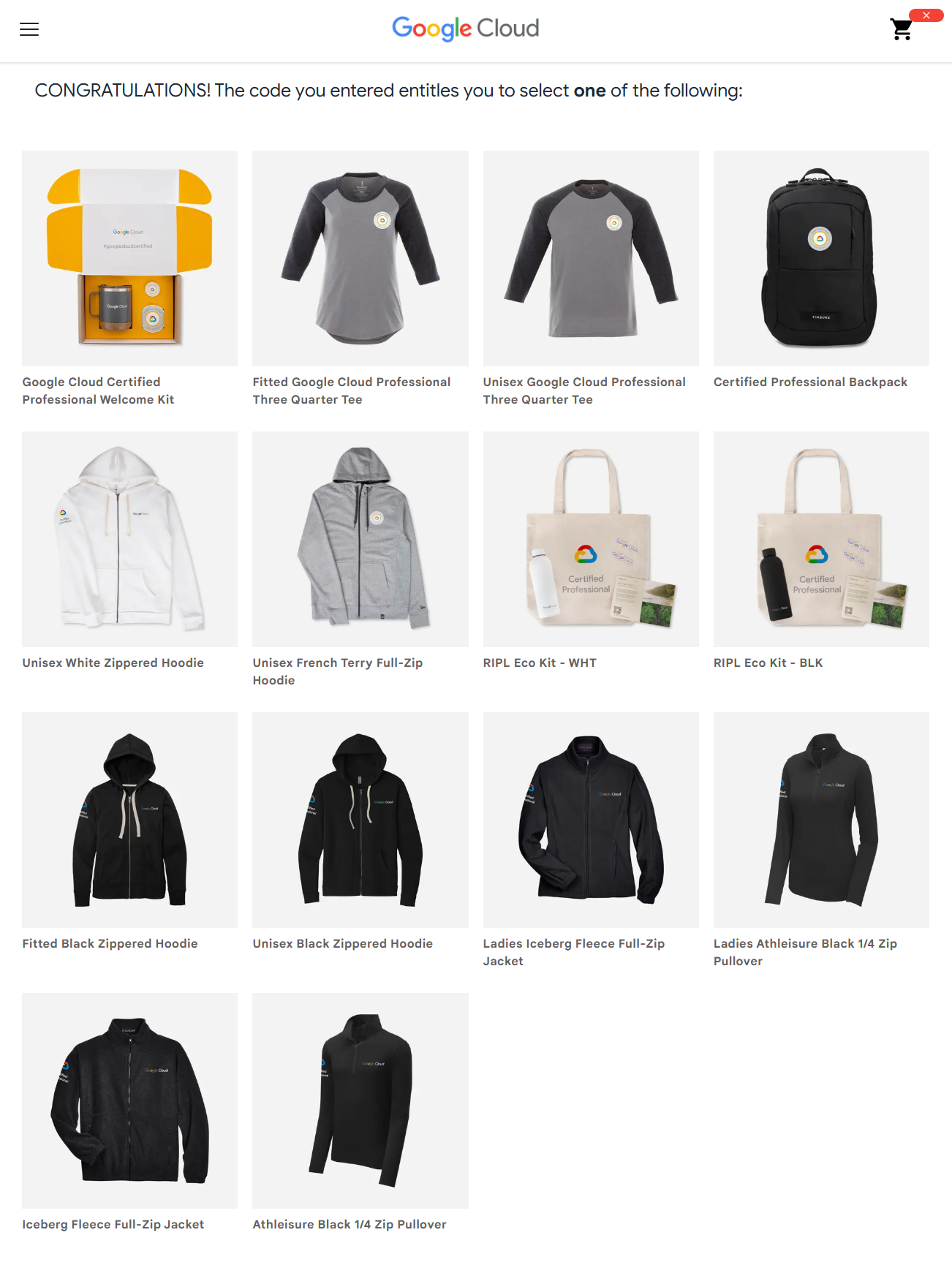 A screenshot of the Google Cloud certification rewards store webpage, showing options like shirts, hoodies, jackets, a backpack, and a welcome kit.
