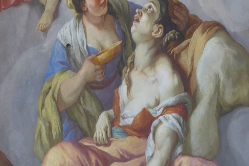 אישה מטפלת בחולת דבר, פרט מתוך הפרסקו בכנסיית קארל הקדוש
