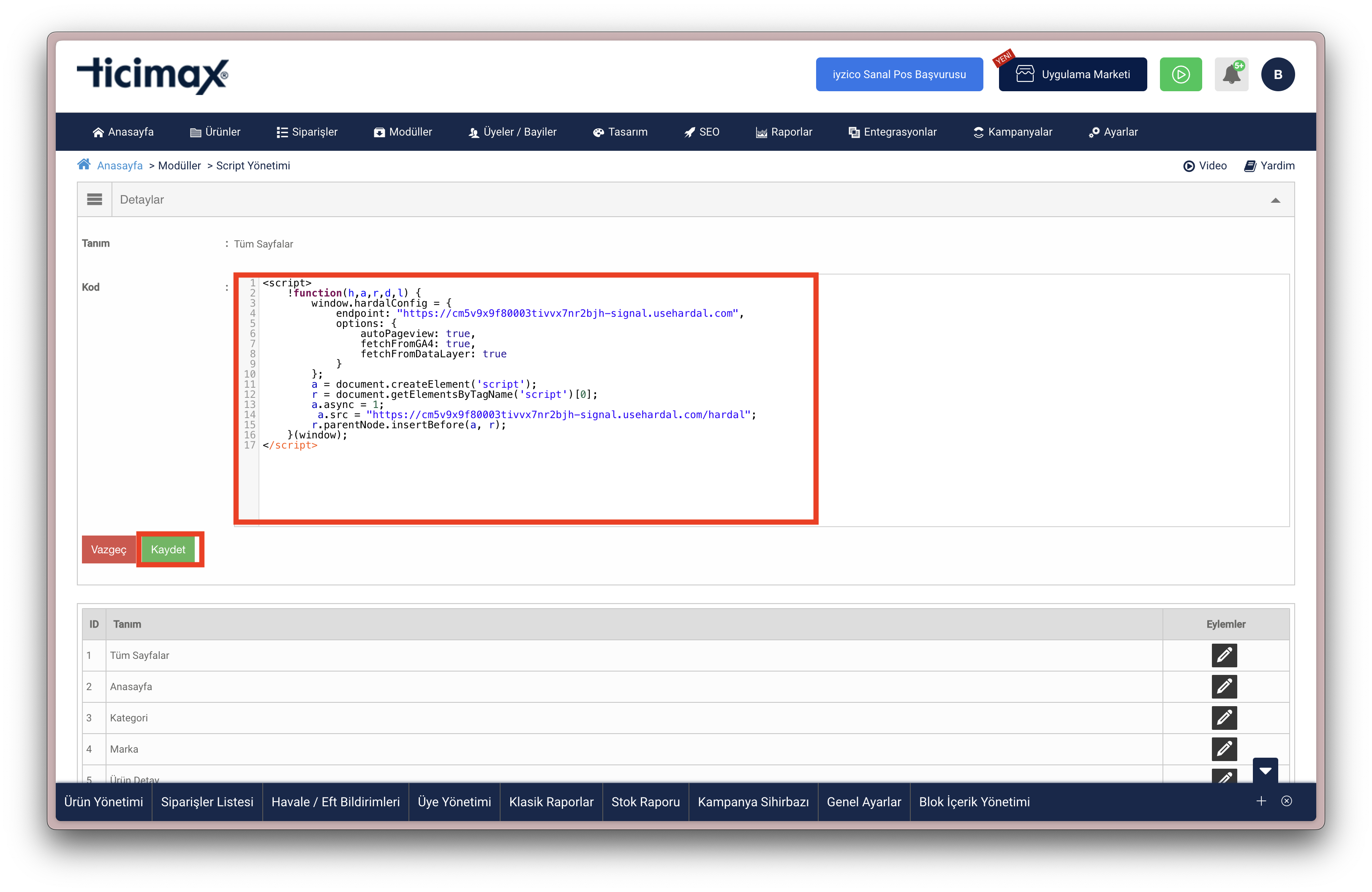 Ticimax Script Yönetimi