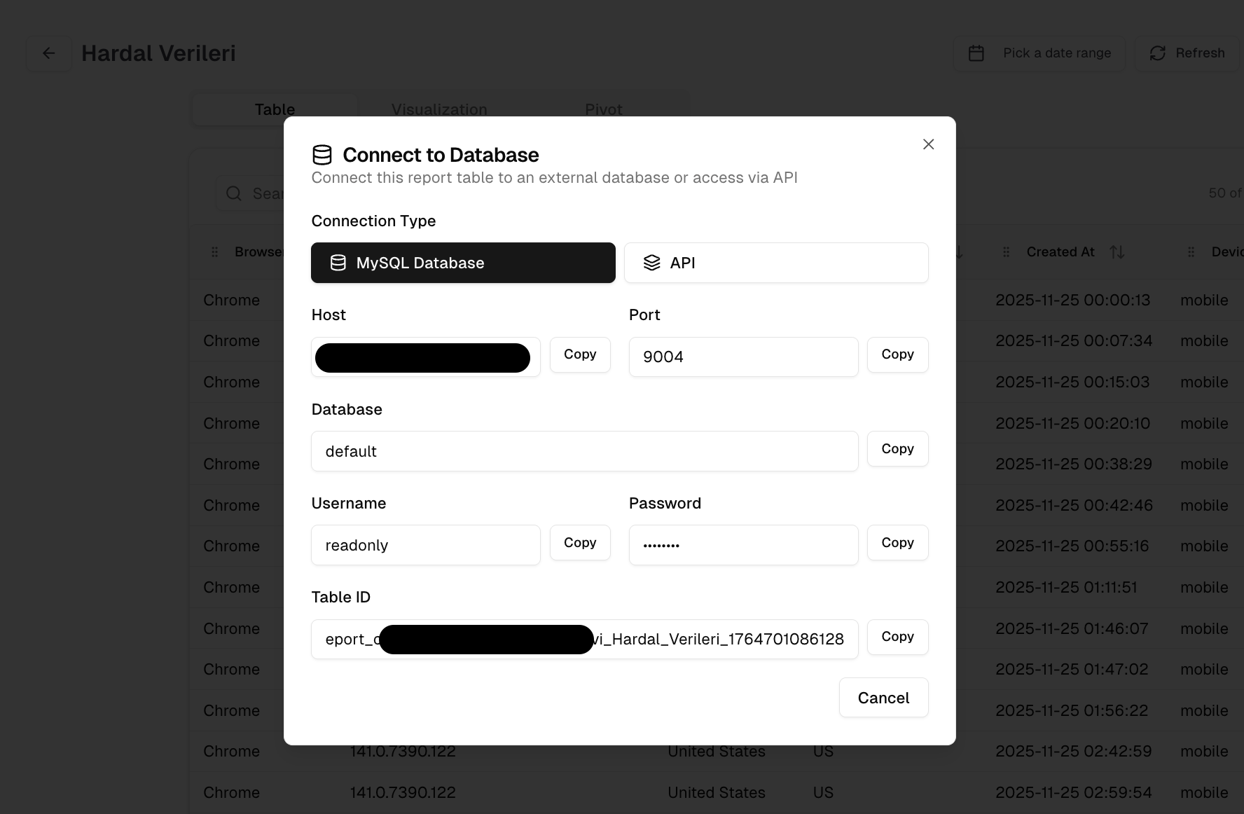 Hardal Dataset Connect ekranı