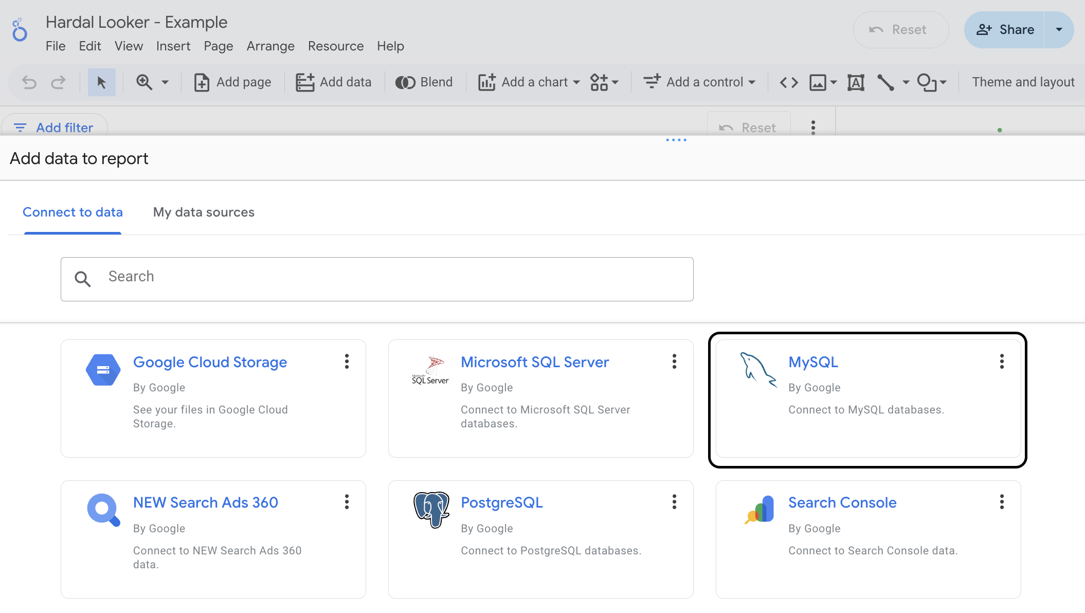 Looker Studio MySQL konnektör seçimi