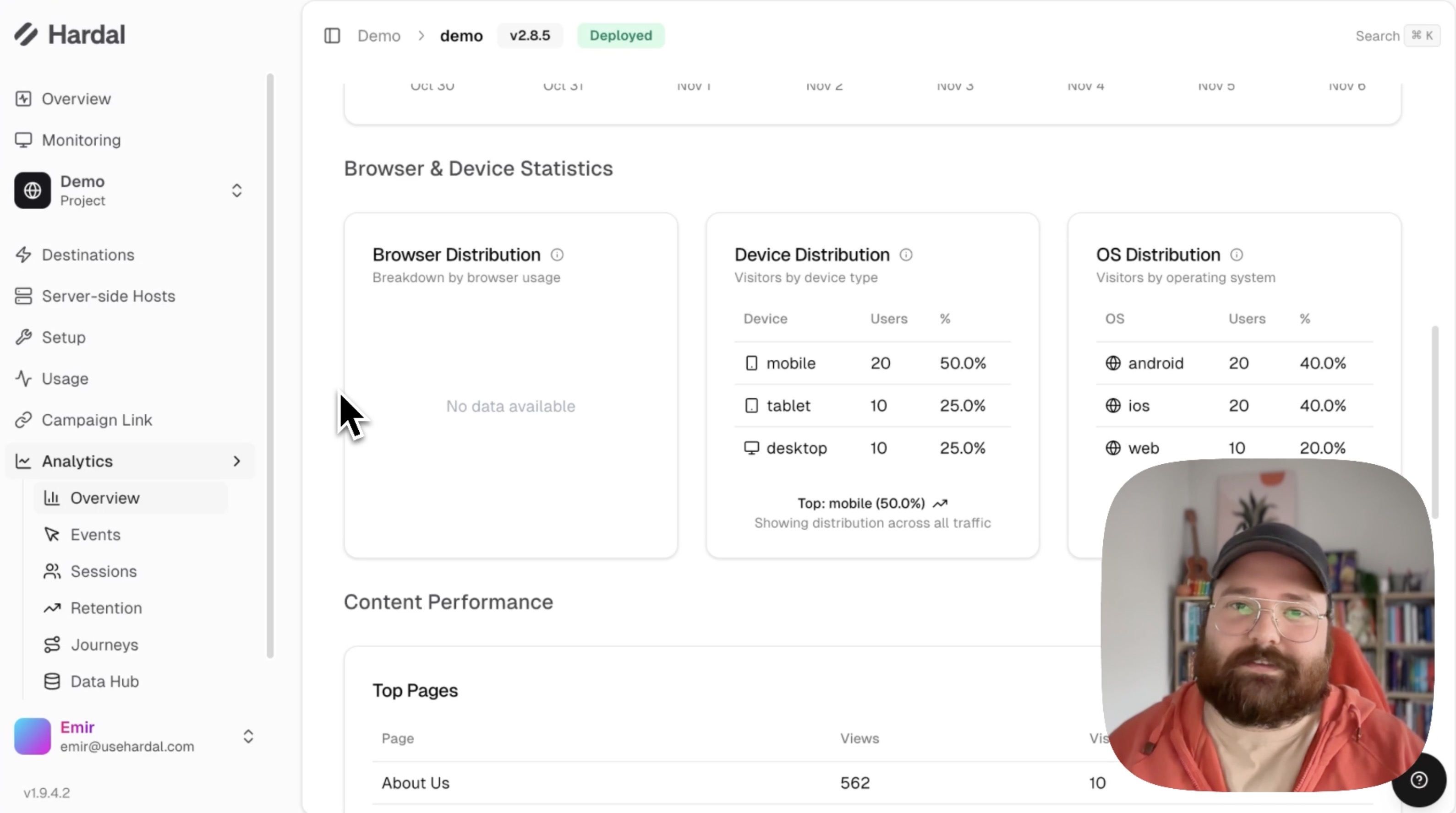 Screenshot: Device and browser statistics section with pie charts or bar graphs