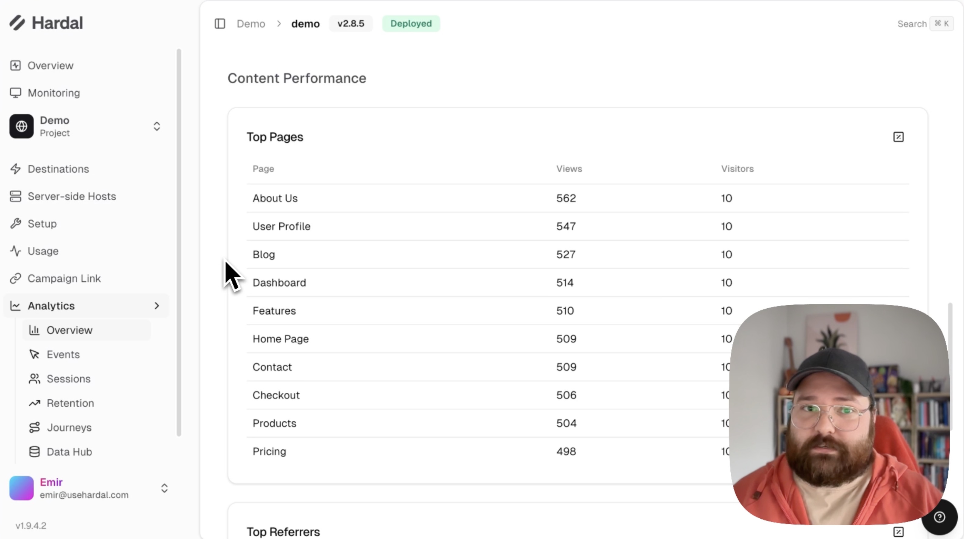 Screenshot: Traffic analysis section showing top pages and referrers
