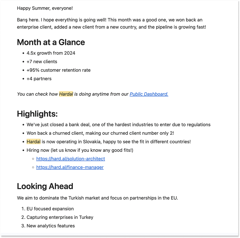 Hardal Monthly Update Example
