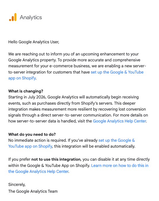 Google Analytics email announcing the Shopify server-to-server integration
