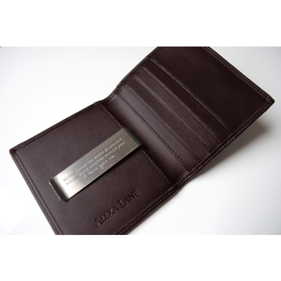 Men&#39;s leather wallet with personalised engraved money clip in black or brown leather | hardtofind.