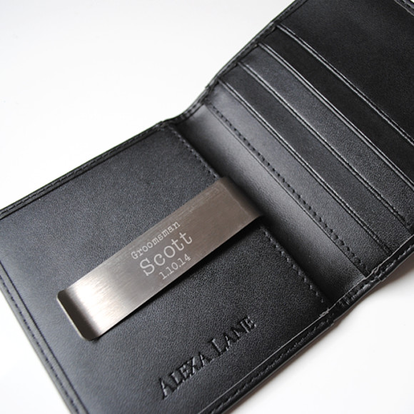 Men&#39;s leather wallet with personalised engraved money clip in black or brown leather | hardtofind.