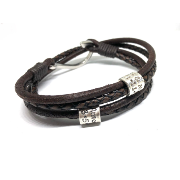Men's Personalised Wrap Leather Bracelet - Fishing Hook Clasp