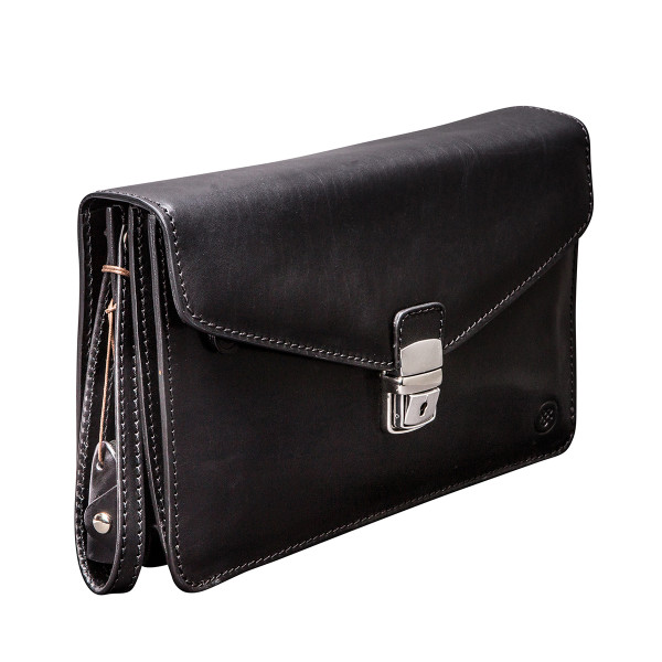 black leather clutch bag with wrist strap