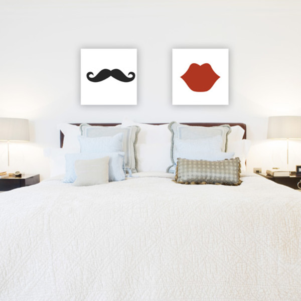 His And Hers Moustache And Lips Bedroom Canvases