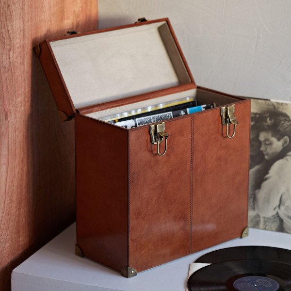 Leather vinyl record storage case open