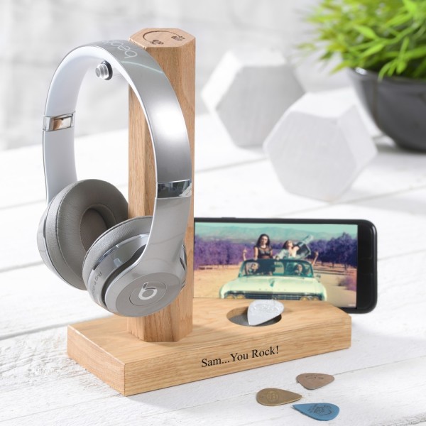 Solid Oak Personalised Headphone Stand hardtofind
