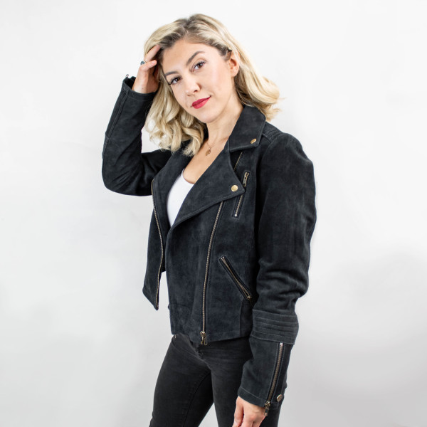 Ladies black suede biker jacket top