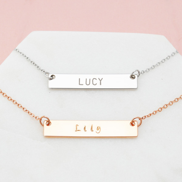 Personalised Hand Stamped Name Bar Necklace in Rose Gold or Silver