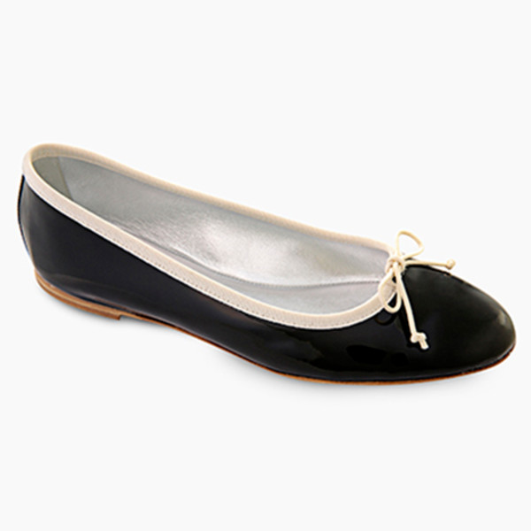 Medici drawstring almond toe ballet flats in black patent leather and ivory trim