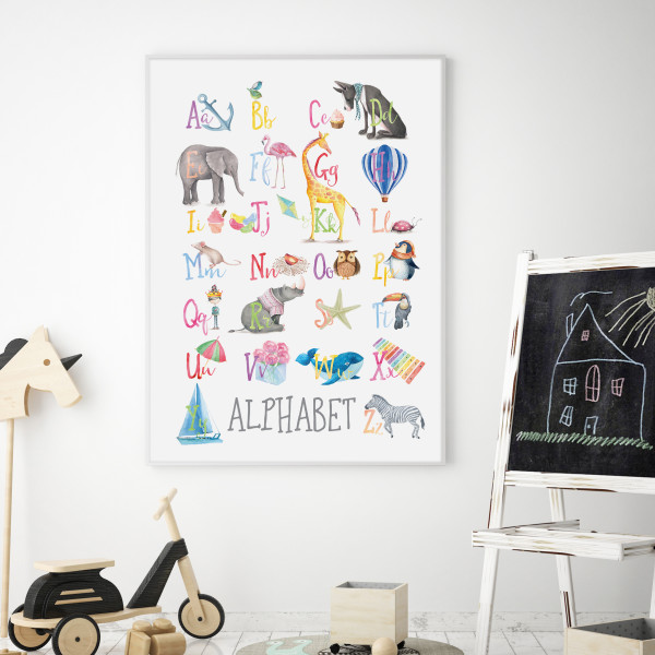 Watercolour Alphabet Educational Art Print with optional Australian-made white timber frame