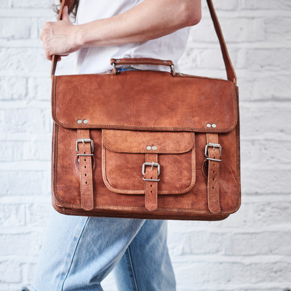 Vintage Style Leather Satchel Bag - Large 15x11" size