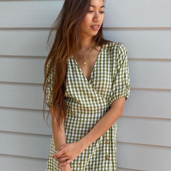 Green gingham dress top