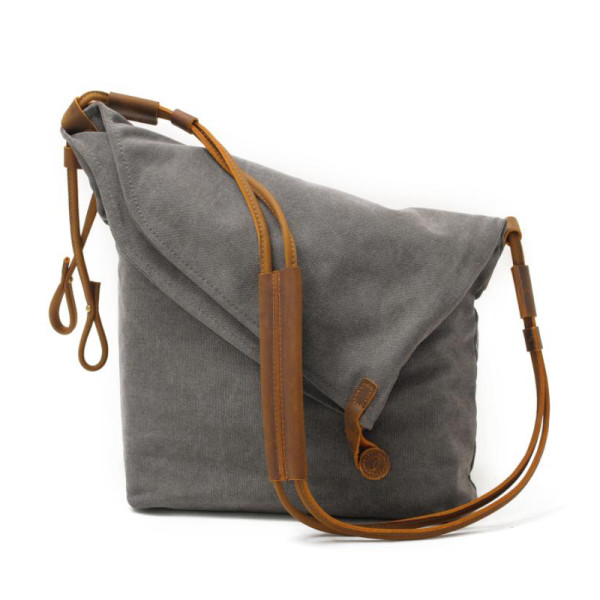 Canvas Cross Body Bag with Leather Straps in Grey hardtofind