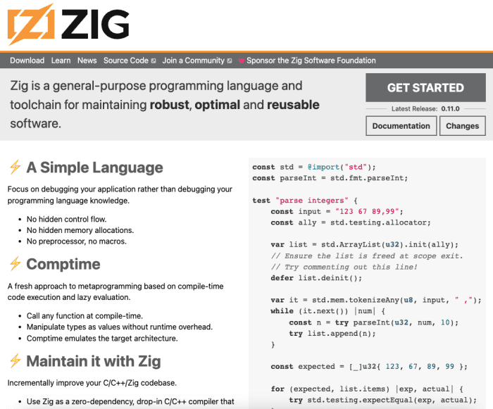 Zig Lang Homepage