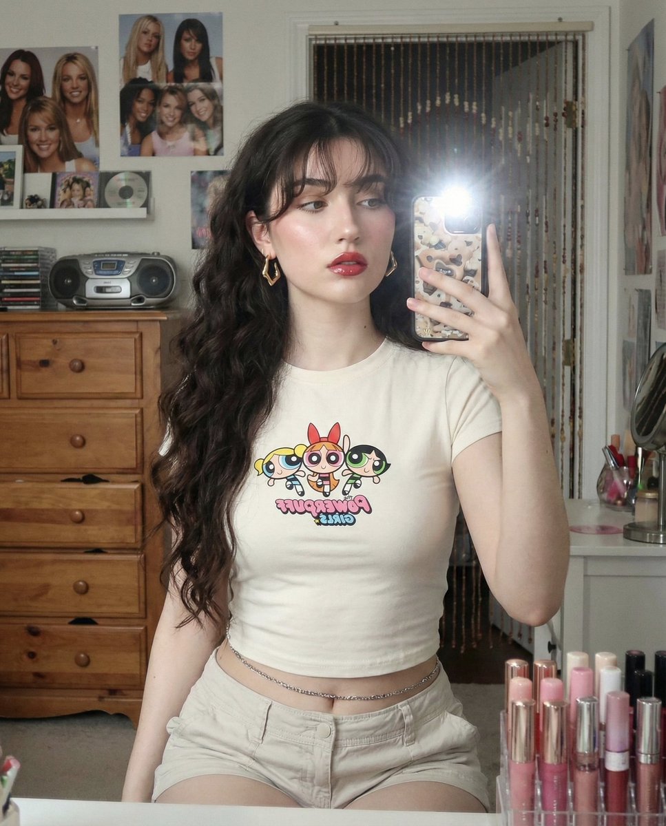 A young woman taking a mirror selfie with very long...