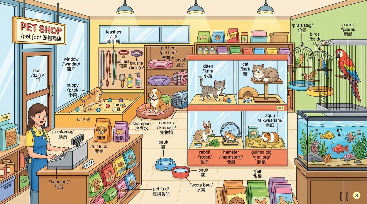 Draw a detailed {{pet shop}} scene and label every object...