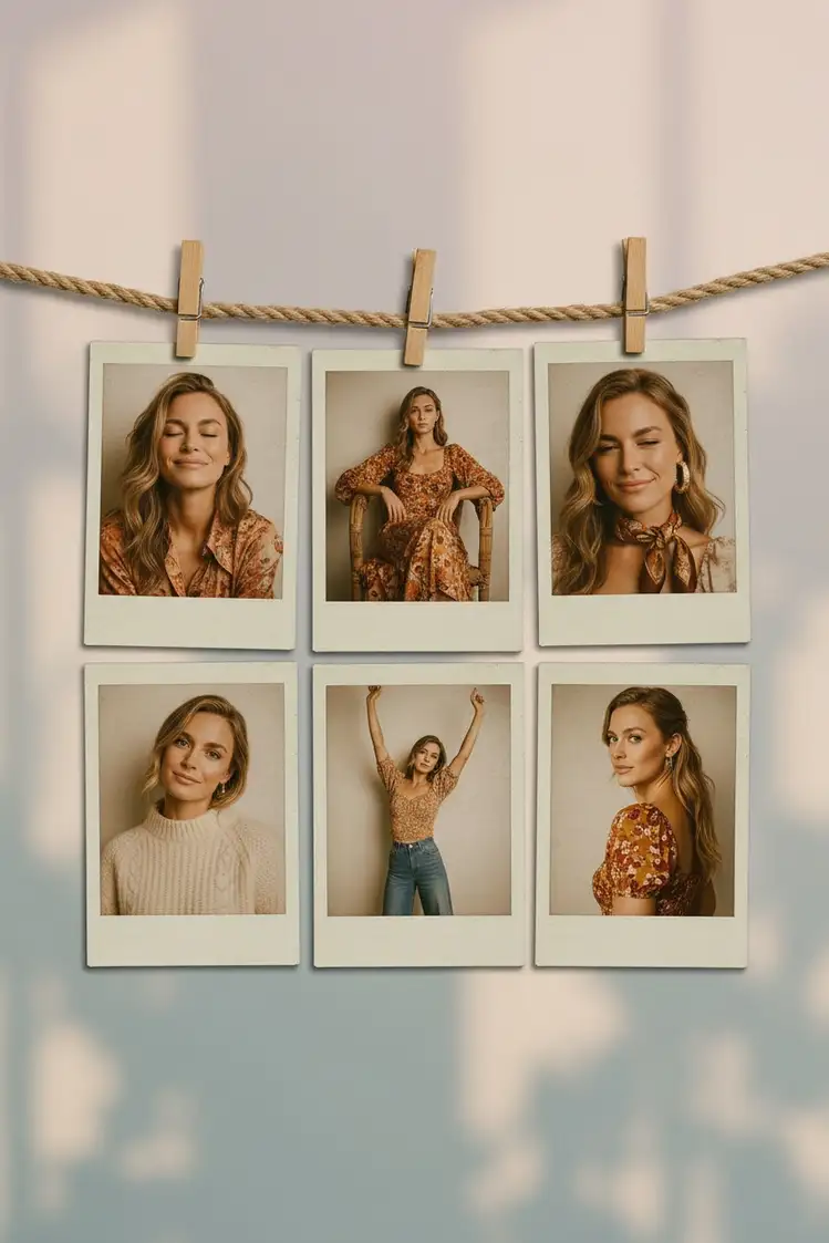 Create an artistic collage of 6 vintage Polaroid photos,...