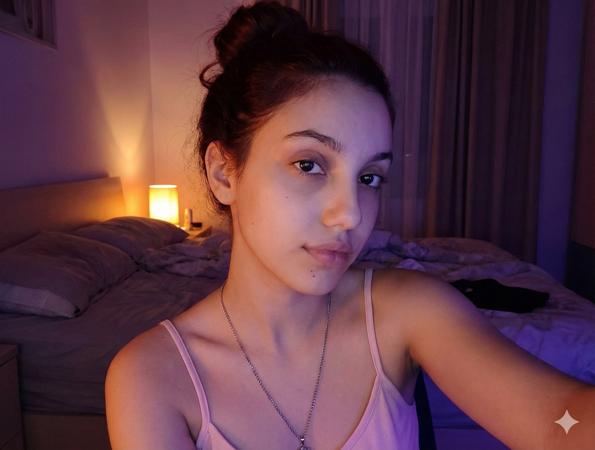 { "main_prompt": "intimate low-light bedroom selfie...