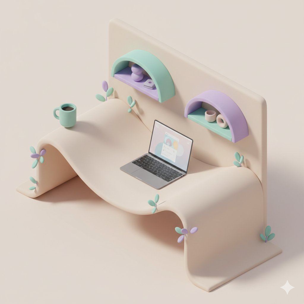 A 3D isometric pastel home office scene where objects...